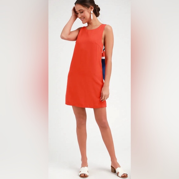 Brand new with tags Lulus Red Orange Multi Stripe Tie-Back Mini Dress - Picture 3 of 9